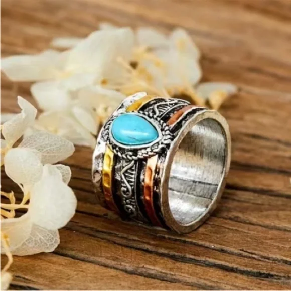 Anthropologie Turquoise and Mixed Metal Boho Ring (titanium) 8.5 - Picture 5 of 7